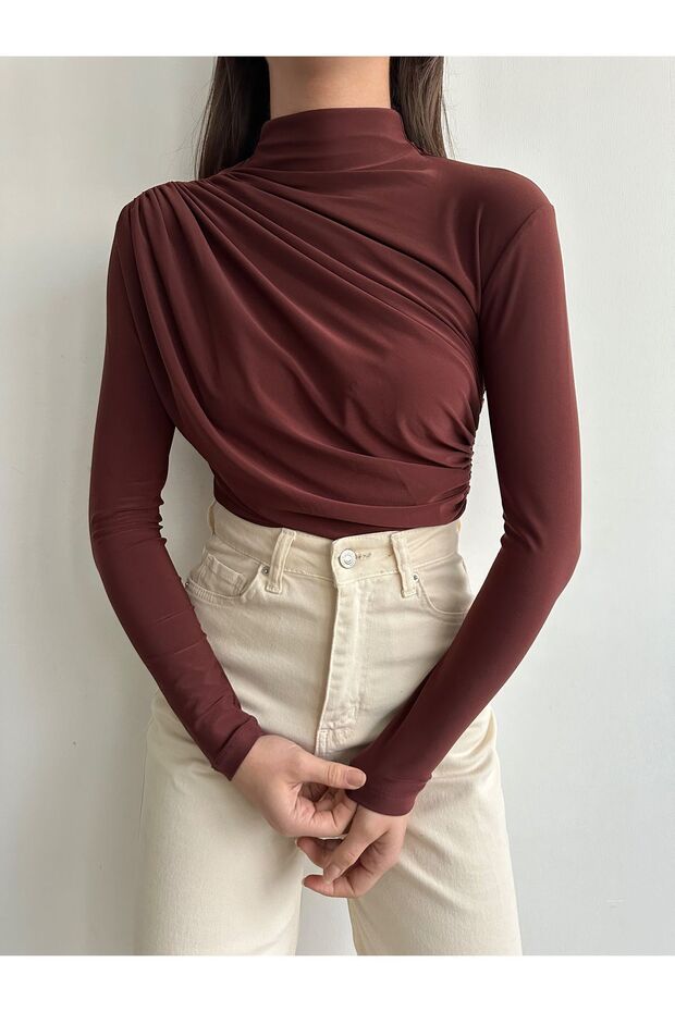 Women's Brown Ruched Detail Mock Neck Sandy Blouse