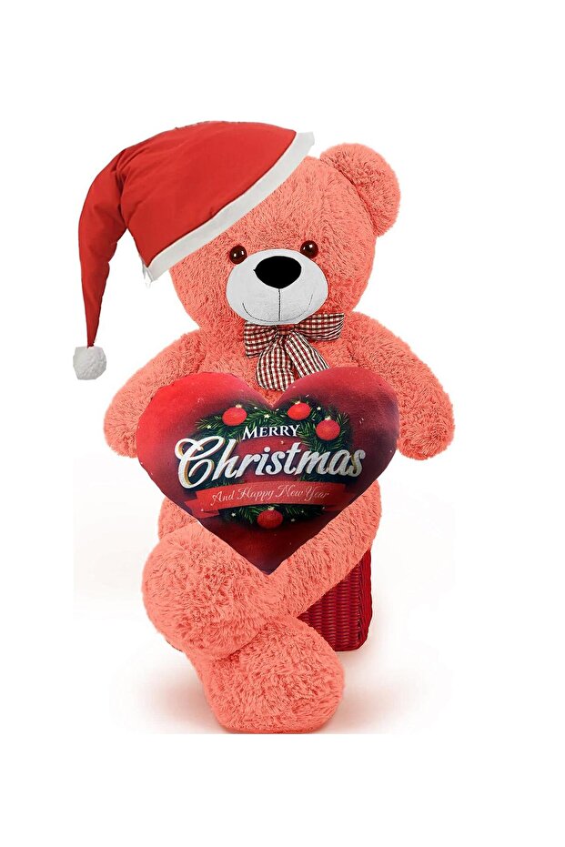 New Year's Special: 90 cm Plush Teddy Bear with Printed Heart and Christmas Hat in Hand - New Year's Themed