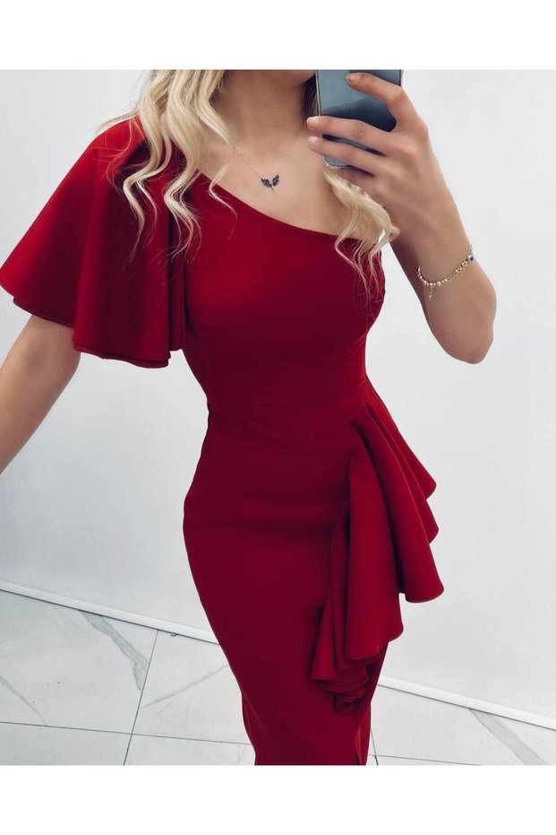 Women's Single Shoulder Detail Flounced Atlas Fabric Dress