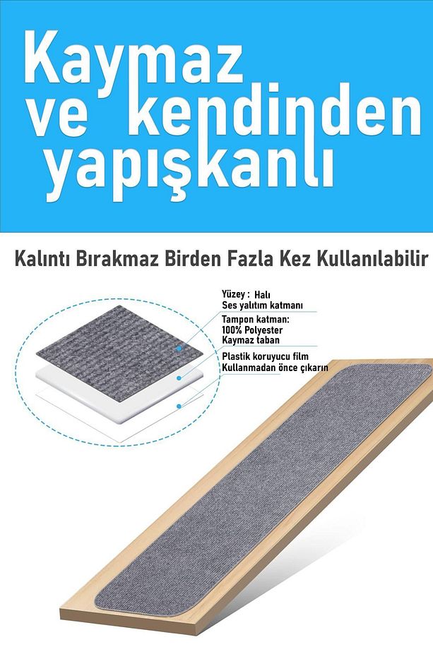 Halifleks Yapışkan Tabanlı Merdiven Basamak Paspası Rip Halı Kaymaz Tabanlı - Füme - 2
