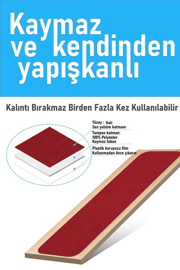 Halifleks Yapışkan Tabanlı Merdiven Basamak Paspası Rip Halı Kaymaz Tabanlı - Bordo - 2