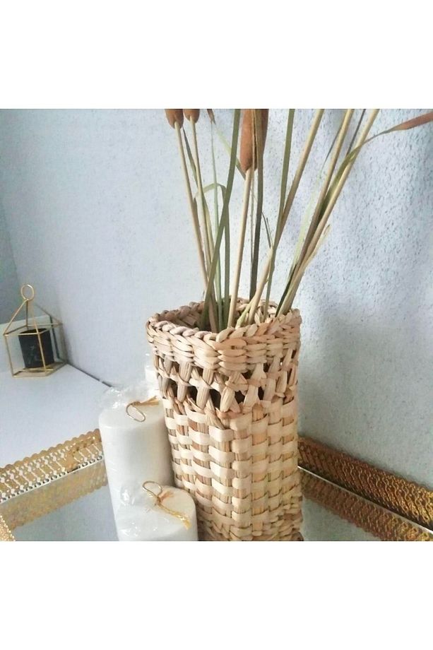 Hasır El Yapımı Dekoratif Vazo Kare Dikdörtgen Saksılık - Çiçeklik Bohem Natural El Örgüsü - 1