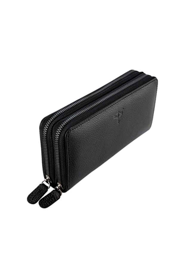 Genuine Leather Black Handbag with Phone Compartment and Money Portfolio, 100% Handmade, Size: 20X10 cm