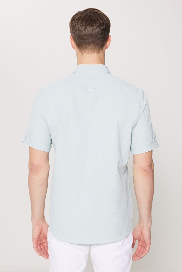 Erkek Yeşil Slim Fit Dar Kesim Gizli Düğme Yaka Kısa Kollu Gömlek - 5