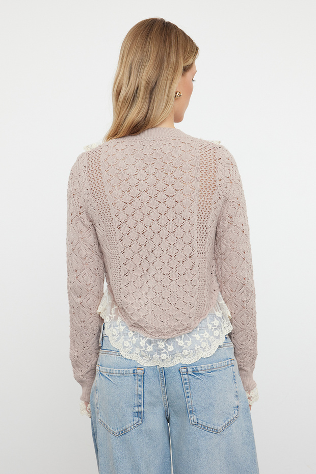 Kardigan z dzianiny Powder Crop Lace Garnish z ażurowymi zdobieniami/dziurami TWOAW24KZ01059 - 5