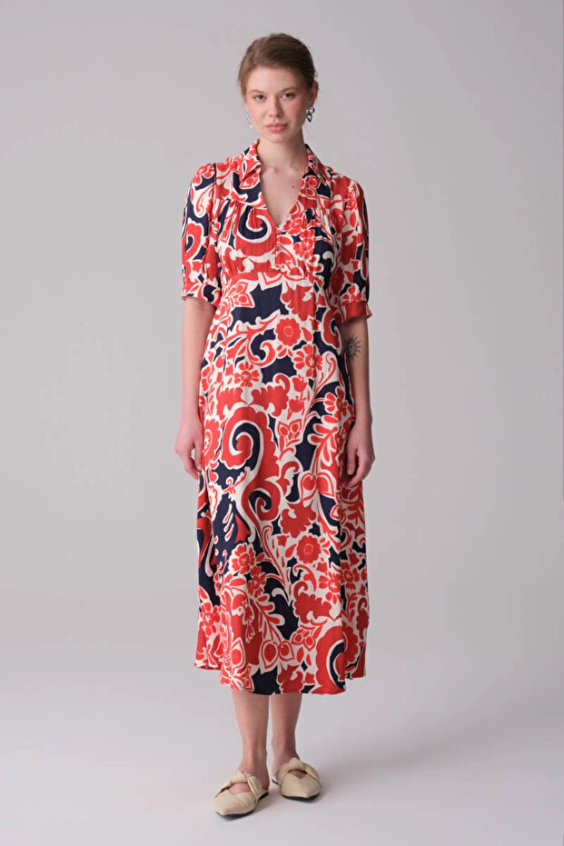 Floş Satin Long Dress - Red