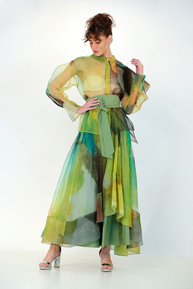 Desenli Tül Ceket - Yeşil - 1