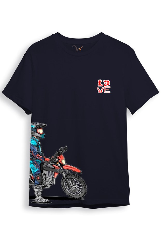 Cross Motor Enduro Equipment Chest and Side Detail Printed Regular Fit 100% Cotton Navy Blue T-Shirt