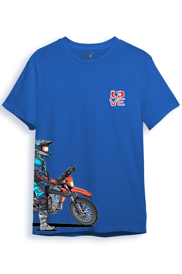 Cross Motor Enduro Equipment Chest and Side Detail Printed Regular Fit 100% Cotton Blue T-Shirt