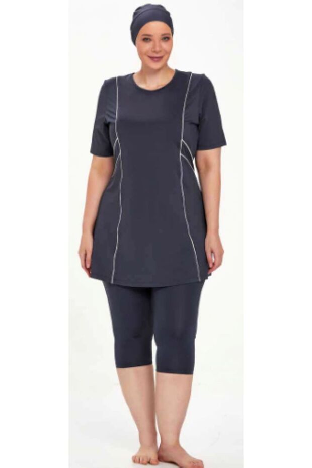 Large Size Short Sleeve Above Knee Leggings Women's Pool Swimsuit Anthracite