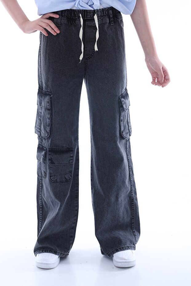 Girl's Oversize Cargo Pocket Elastic Waist Cotton Jeans