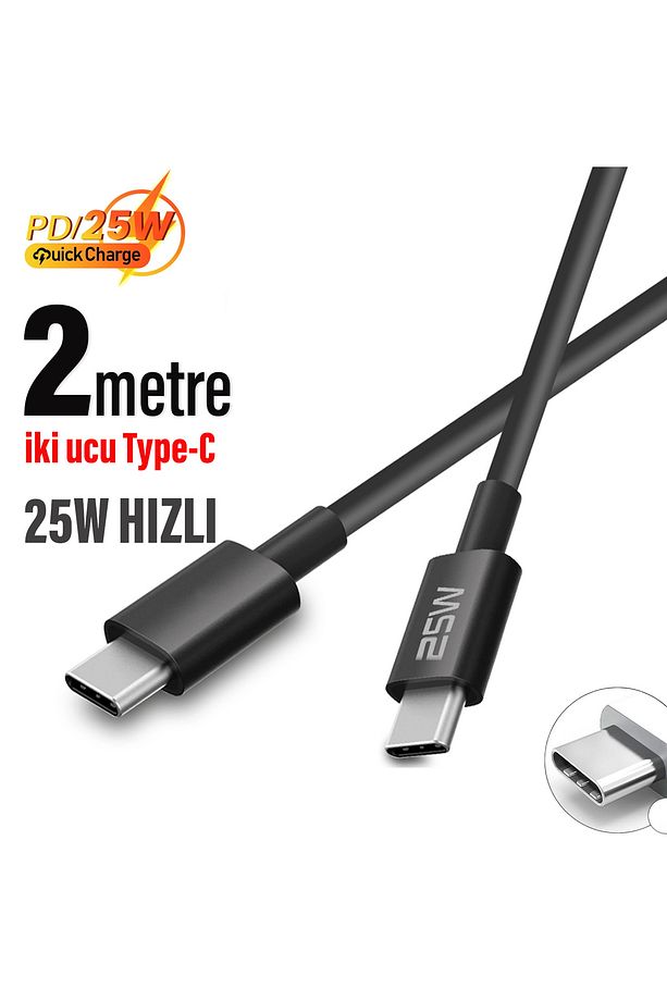 2 Metre Type C Şarj Kablo Uzun Hızlı Şarj Çift Taraflı Type-c - Type-c 25w Pd Şarj Kablo 200cm - 1