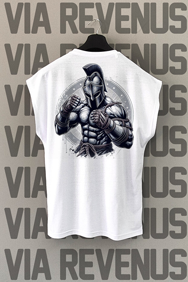 Gladiator Back Print Zero Sleeve White Sports T-Shirt