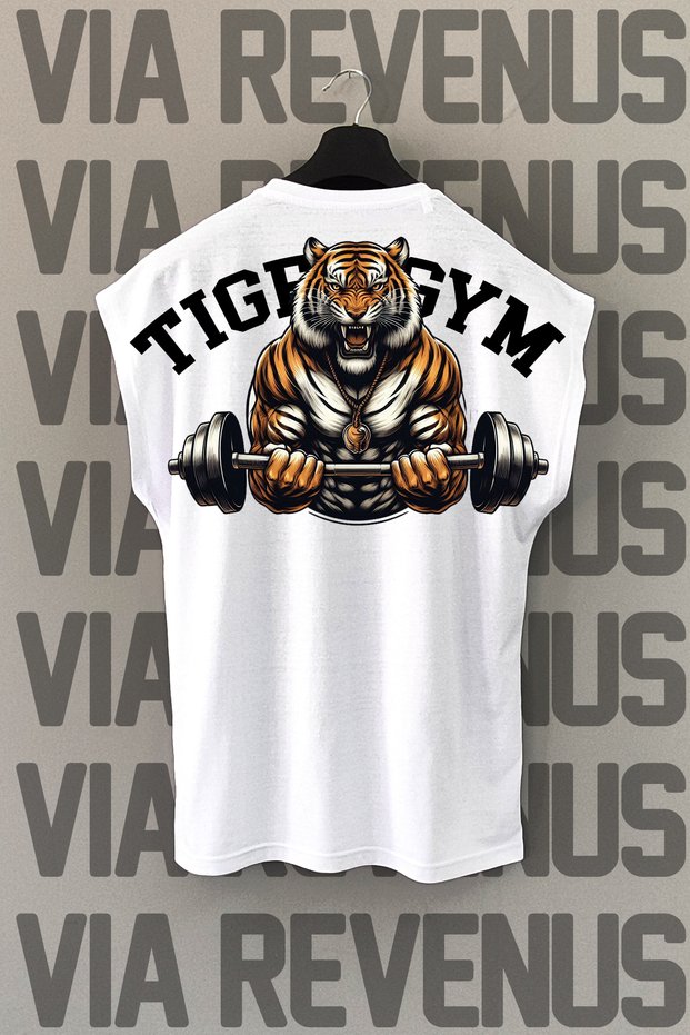 Tiger Gym Sleeveless White Sports T-Shirt with Back Print