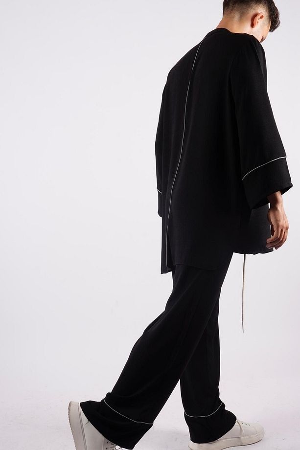 Unisex Tek Yırtmaç Siyah Oversize Keten Rahat Kalıp Alt Üst Takım - 6