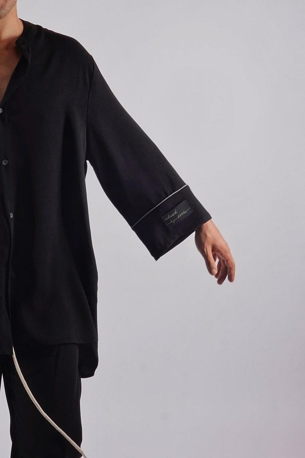Unisex Tek Yırtmaç Siyah Oversize Keten Rahat Kalıp Alt Üst Takım - 3