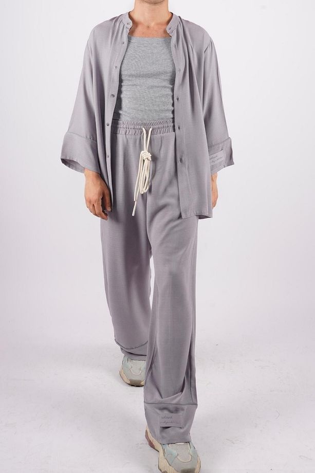Unisex Tek Yırtmaç Gri Oversize Rahat Kalıp Alt Üst Takım - 1
