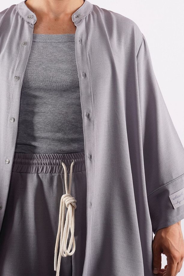 Unisex Tek Yırtmaç Gri Oversize Rahat Kalıp Alt Üst Takım - 2