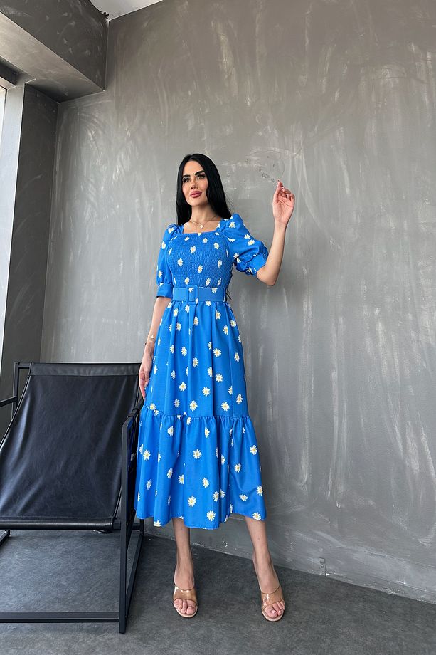 Kare Yaka Poplin Kumaş Çiçek Desenli Kemerli Yazlık Elbise - 3