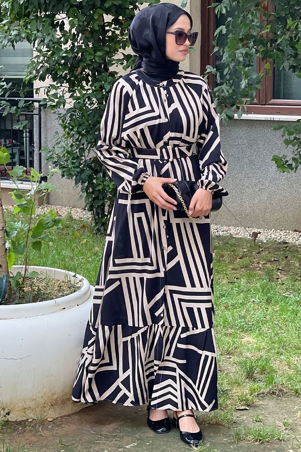 Kadın Siyah Bej Kemerli Oversize Yazlık Viskon Elbise - 4