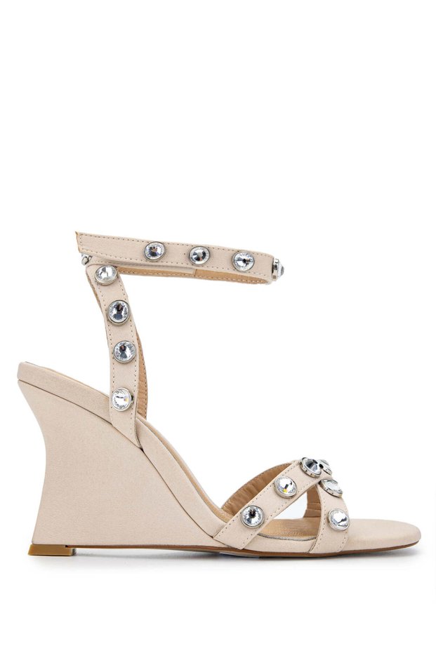 Beige Satin Heeled Vegan Women's Sandals