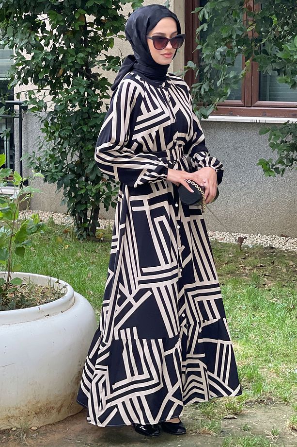 Kadın Siyah Bej Kemerli Oversize Yazlık Viskon Elbise - 3