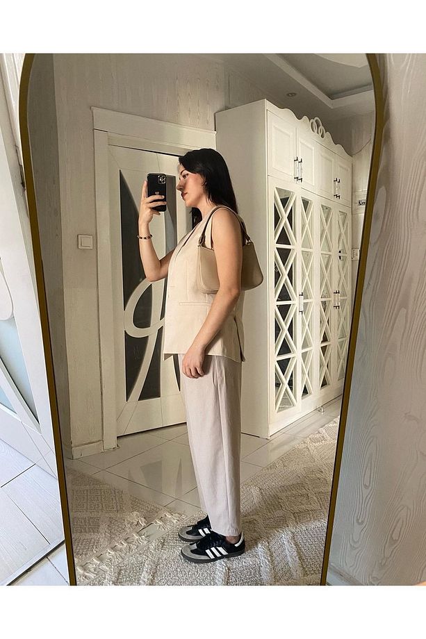 Orj Marka Bej Oversize Cut Out Astarlı Yelek - 7
