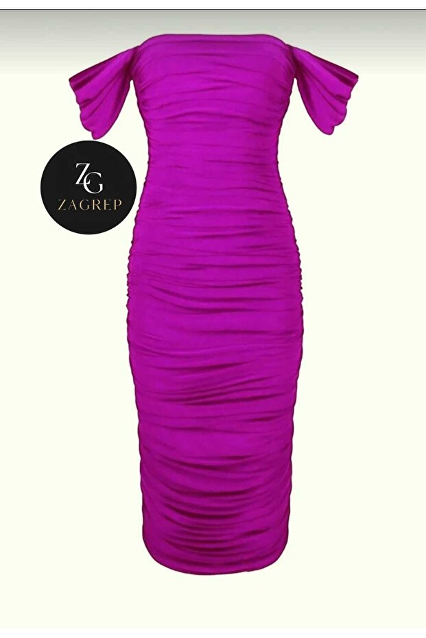 Women's purple draped ruched sleeve lined non-see-through silk jersey midi dress