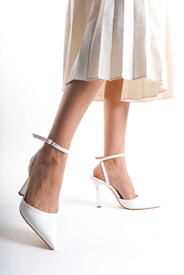 Women's White Leather Back-Strapped Heeled Shoes