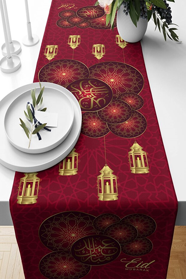Burgundy Eid Mubarak Ramadan Themed Stain Resistant Fabric Living Room Kitchen Table Changed Ranir Models Runner