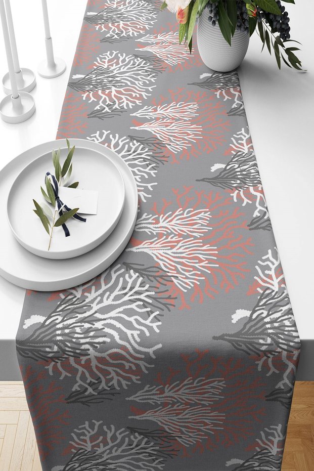 Gray Leaf Patterned Stain Resistant Fabric Living Room Kitchen Table Changed Ranir Models Runner