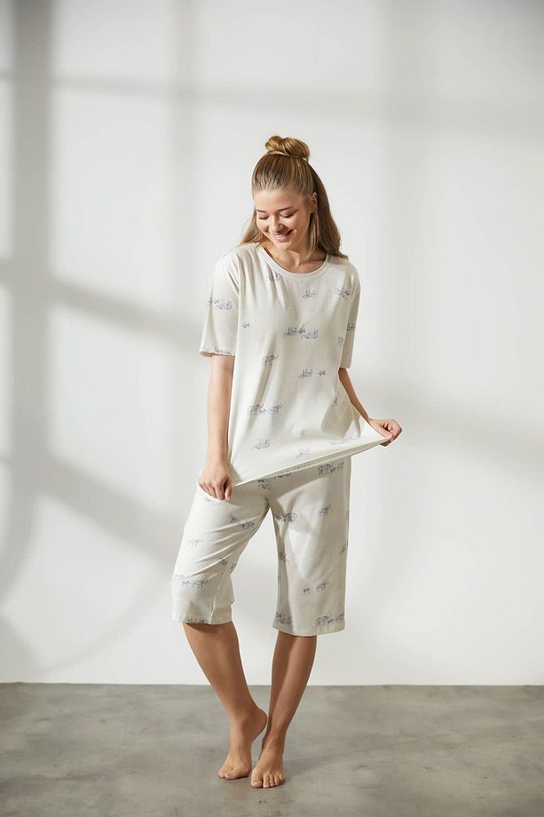Kadın Plus Size Pamuklu Kısa Kollu Kapri Pijama Takımı - 5
