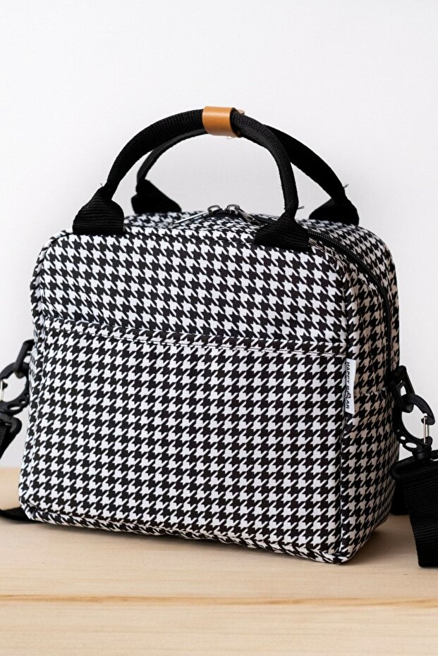 Waterproof Thermal Insulated Thermal Bag Food Carrying Lunch Box with Hanger Houndstooth Pattern