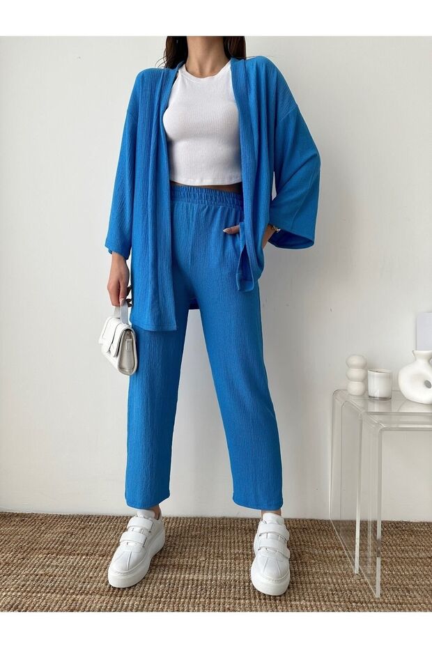 Women's Blue Kimono Trousers Knitted Set