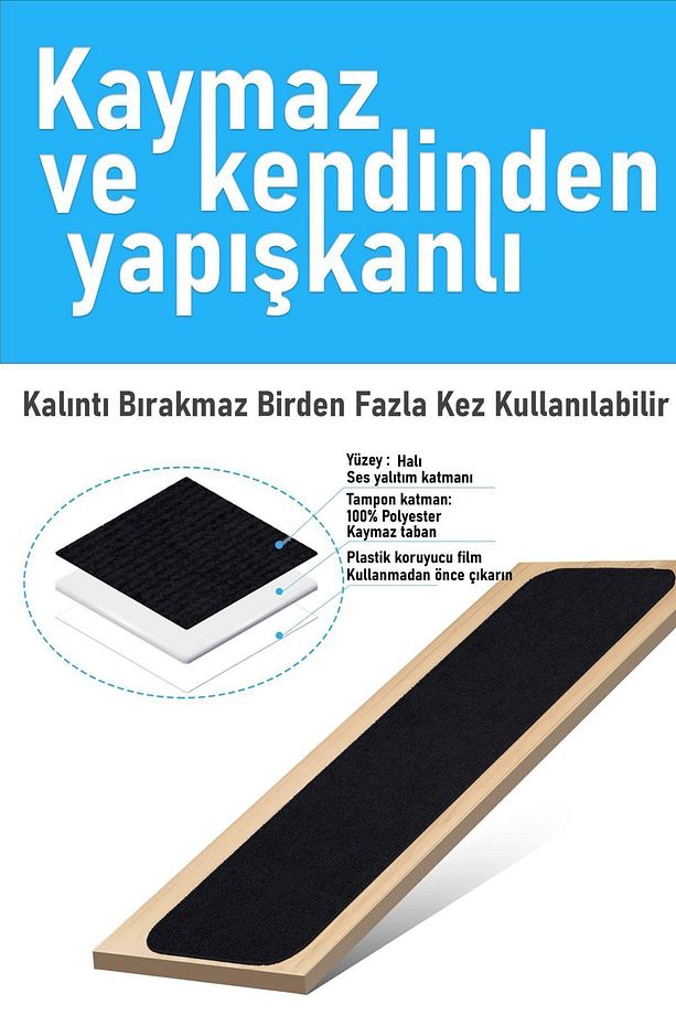 Halifleks Yapışkan Tabanlı Merdiven Basamak Paspası Rip Halı Kaymaz Tabanlı - Siyah - 2