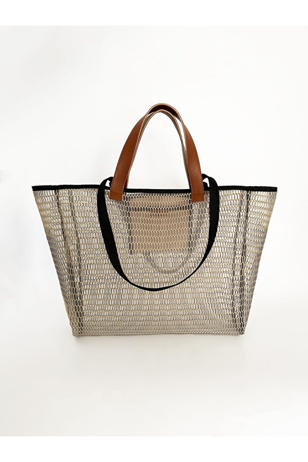 Heybes Women's Beige Honeycomb Patterned Transparent Large Size Beach and Shopping Shopper Tote Shoulder Bag