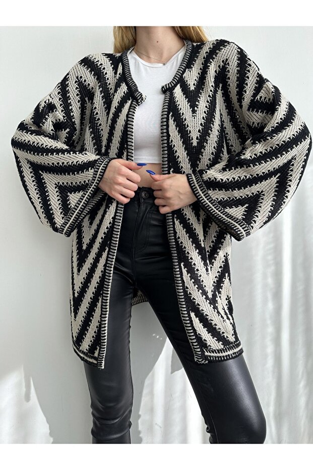 Women's Black Patterned Belted Knitwear Kimono Cardigan