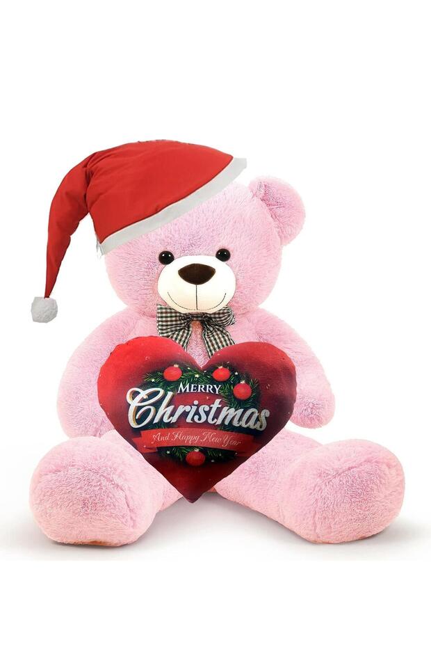 New Year's Special: 90 cm Plush Teddy Bear with Printed Heart and Christmas Hat in Hand - New Year's Themed