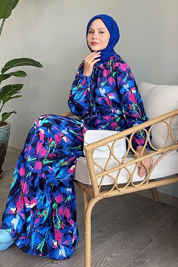 Colorful Flower Patterned Blue Viscose Belt Dress