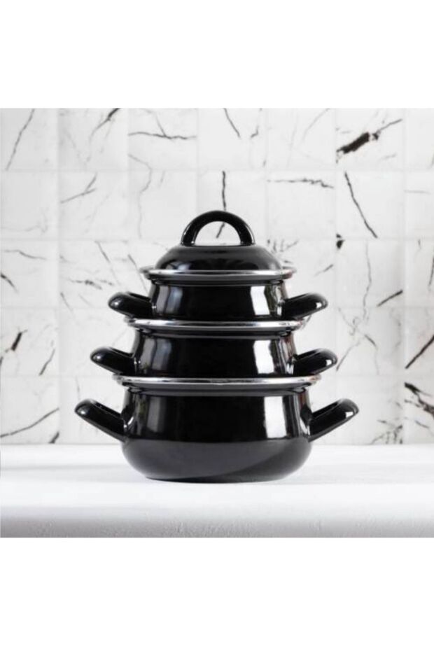 Enameled Black Mini Size 3 Piece Baby Food Milk Yogurt Cheese Soup Egg Breeding, Boiling Pot