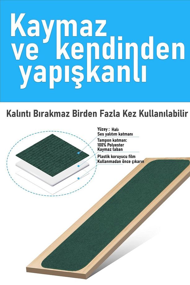 Halifleks Yapışkan Tabanlı Merdiven Basamak Paspası Rip Halı Kaymaz Tabanlı - Yeşil - 2