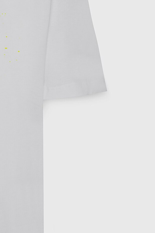 Erkek Ekru Oversize Bol Kesim Bisiklet Yaka %100 Pamuk Baskılı Tişört - 8