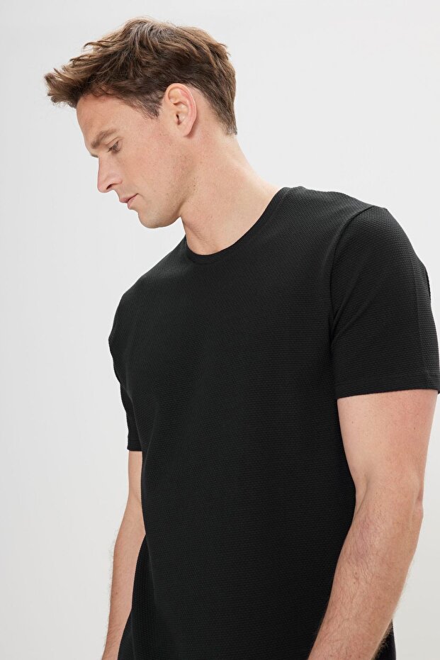 Erkek Siyah Slim Fit Dar Kesim Modal Bisiklet Yaka Yumuşak Tuşeli Esnek Basic Tişört - 4