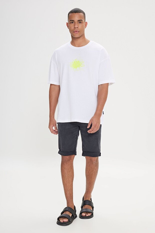 Erkek Ekru Oversize Bol Kesim Bisiklet Yaka %100 Pamuk Baskılı Tişört - 3