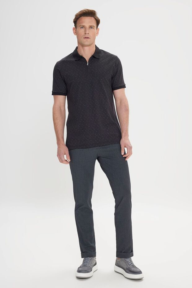 Erkek Siyah Slim Fit Dar Kesim Fermuarlı Yaka %100 Pamuk Baskılı Tişört - 2