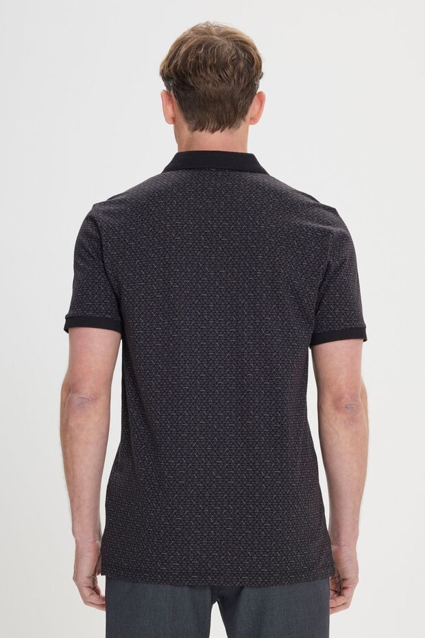 Erkek Siyah Slim Fit Dar Kesim Fermuarlı Yaka %100 Pamuk Baskılı Tişört - 4
