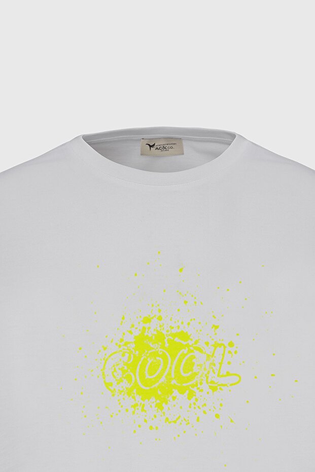 Erkek Ekru Oversize Bol Kesim Bisiklet Yaka %100 Pamuk Baskılı Tişört - 7