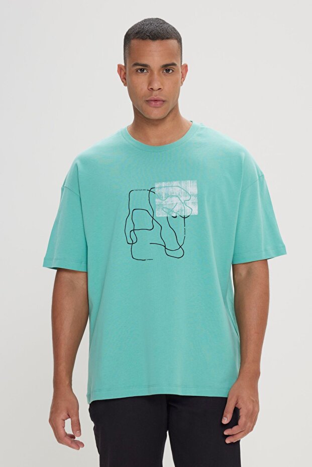 Men's Mint Oversize Loose Cut Crew Neck 100% Cotton Printed T-Shirt