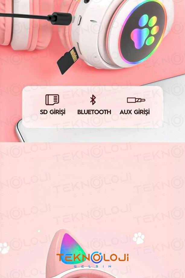 Bluetooth 5.0 Pembe Kedi Kulaklık Led Mikrofonlu - 6