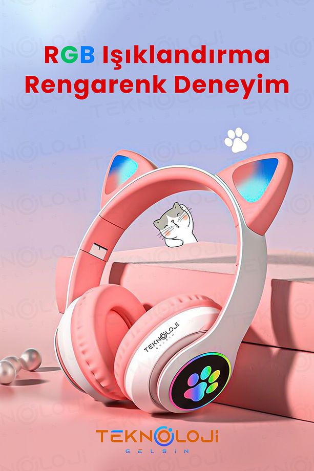 Bluetooth 5.0 Pembe Kedi Kulaklık Led Mikrofonlu - 5